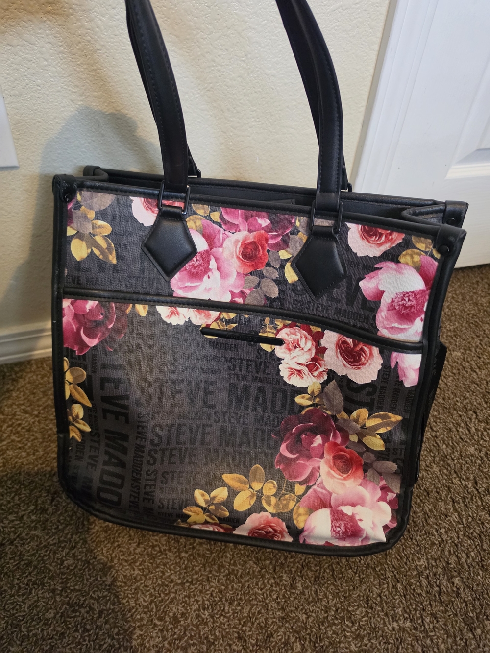 Steve Madden Black Floral Logo Tote Bag
